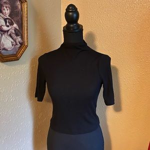 Black Mock Neck Tee, Cropped, Ribbed